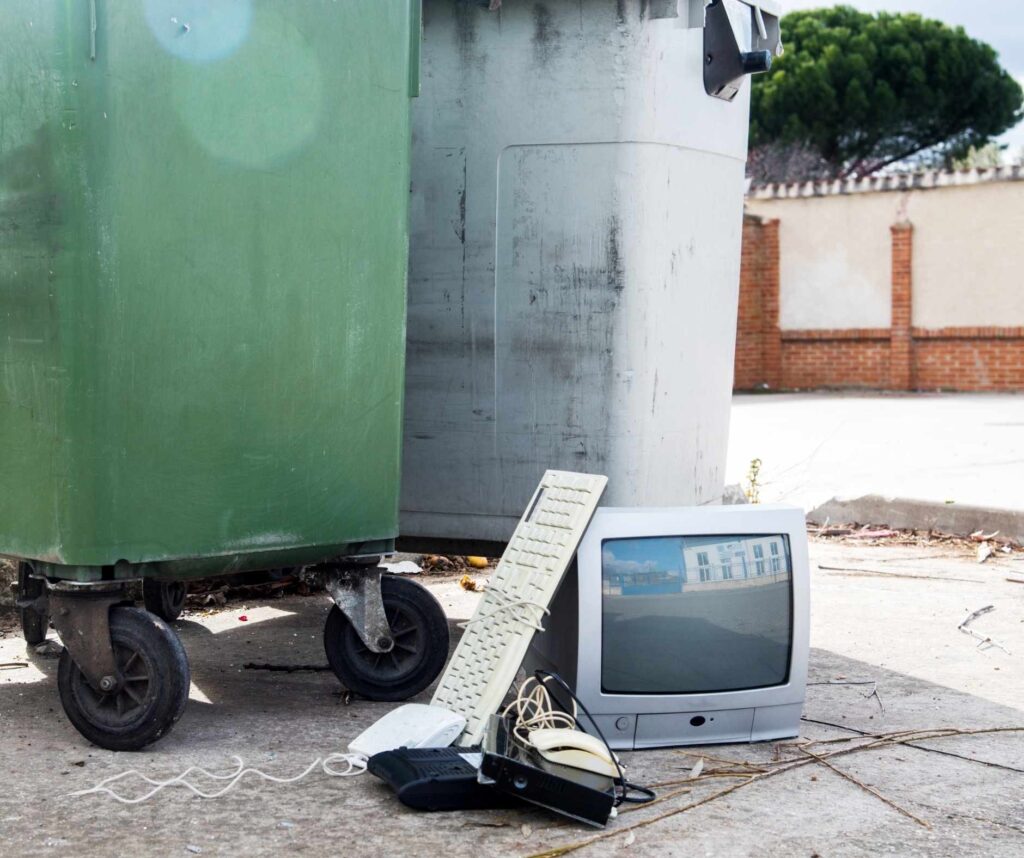 Top Items You Should Never Throw in a Dumpster 1 Old keyboard, tv and broken mouse next to dumpsters
